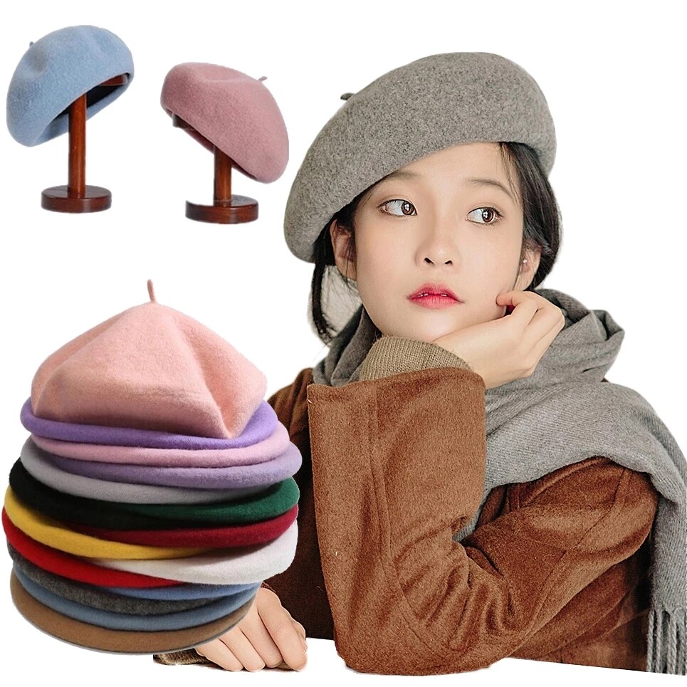 【♡Lovely girls house♡】French Style Solid Casual Vintage Women's Hat Beret Plain Cap Girl's Wool Warm Winter Berets Beanie Hats Femme Aldult Caps