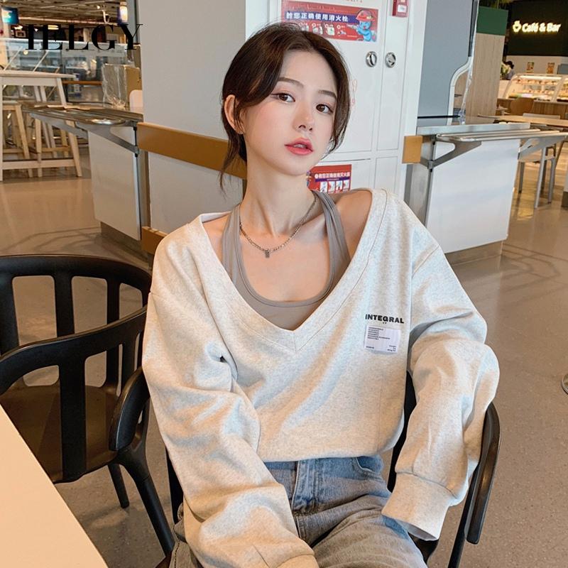 IELGY women's niche loose long sleeve V neck sweatshirt