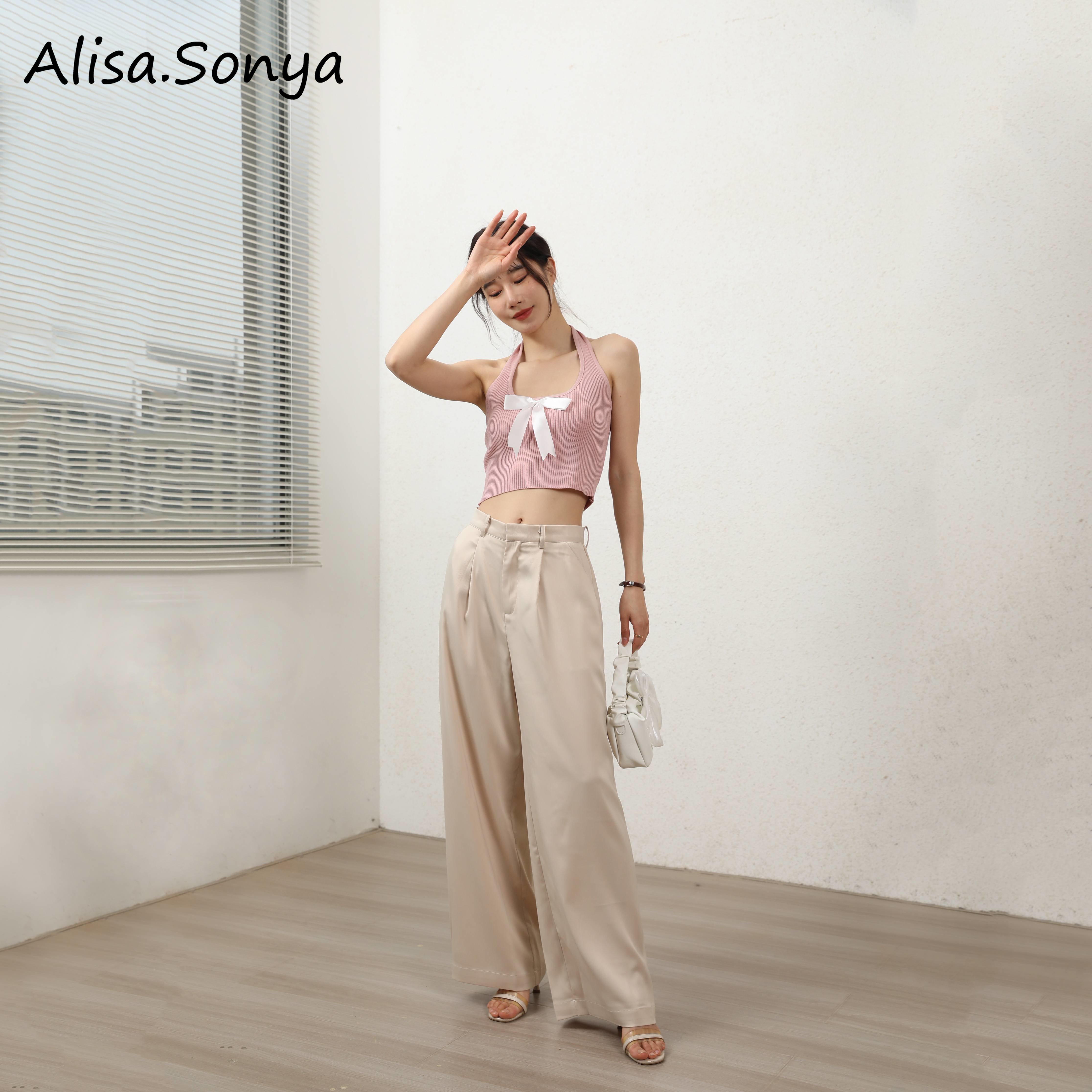 Alisa Sonya Summer Satin High Waist Wide Leg Pants for Women Loose Silky Elegant Fancy Fashion Long Trousers