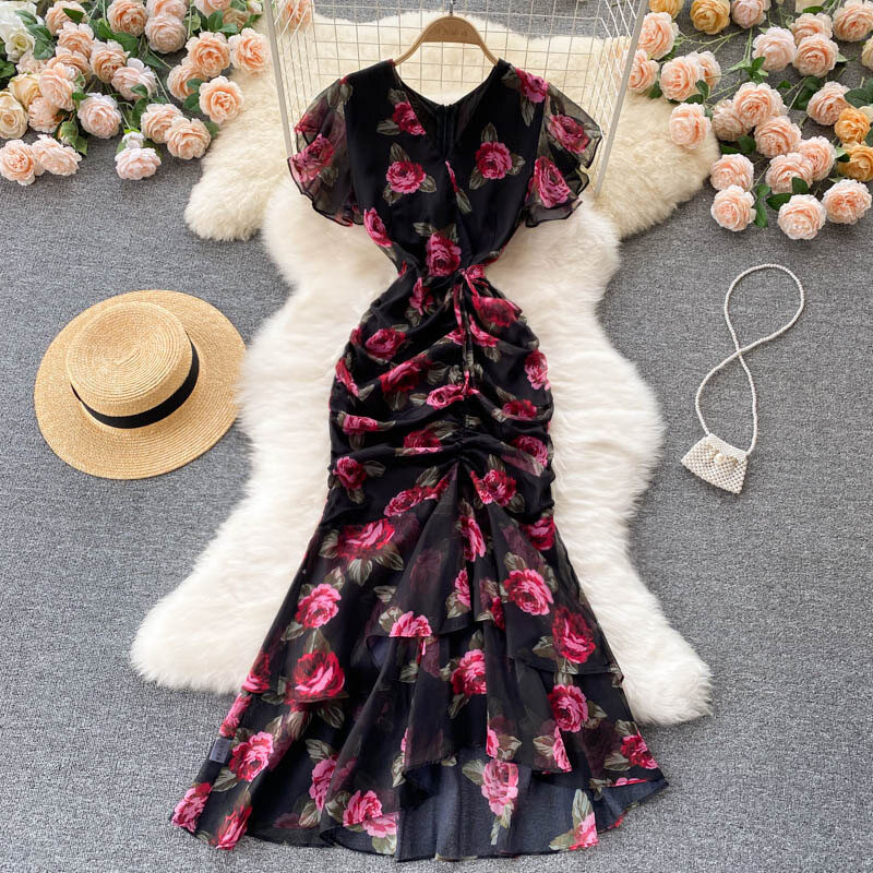 2022 New Women Fashion Chiffon Dress Summer Vintage Floral Print Party Dresses Ladies Ruffled Fishtail Bodycon Dress