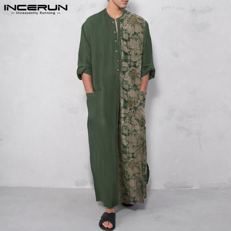 (Muslim)  INCERUN Mensมุสลิมซาอุดิอาหรับแขนขาวลายดอกไม้ผ้าลินินอิสลามKaftan Jubba Kaftan Robe