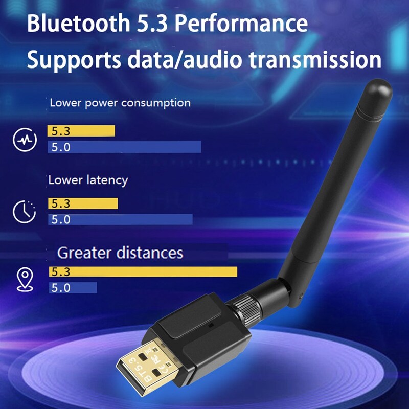 1 Set 100M External Antenna USB Bluetooth 5.3 Adapter USB Bluetooth Transmitter Receiver Bluetooth Adapter (Black)