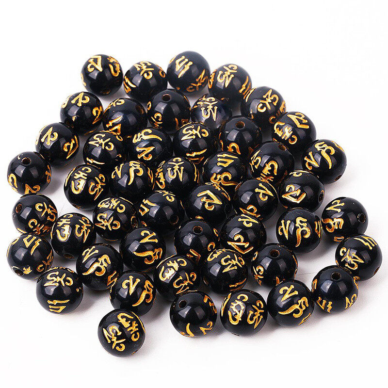 30/50/100pcs 8mm/10mm/12mm/14mm Buddha Charms Beads Black Color with Carving Gold Dragon Chinese Pixiu Bracelet DIY Beads for Jewelry Making