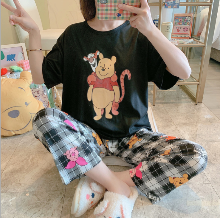 1 set sleepwear for women cute cartoon short sleeve tshirt pajamas+casual loose pants nightwear