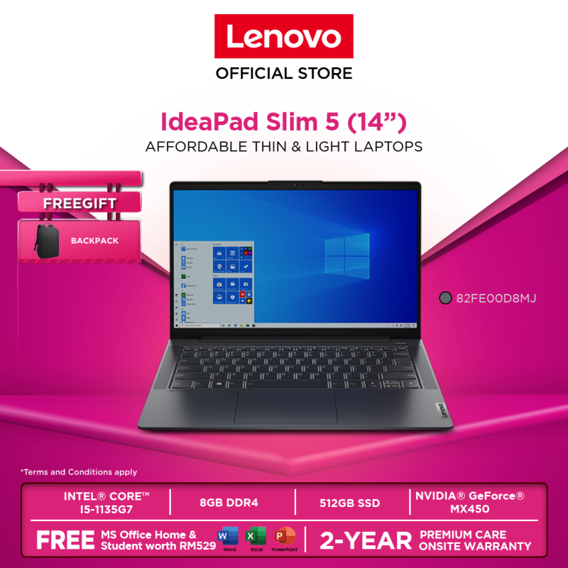 Lenovo IdeaPad Slim 5i |82FE00D7MJ/82FE00D8MJ|14|i5-1135G7|8GB| 512GB| MX450|W10H| 2YR Warranty| FOC : BACKPACK Malaysia