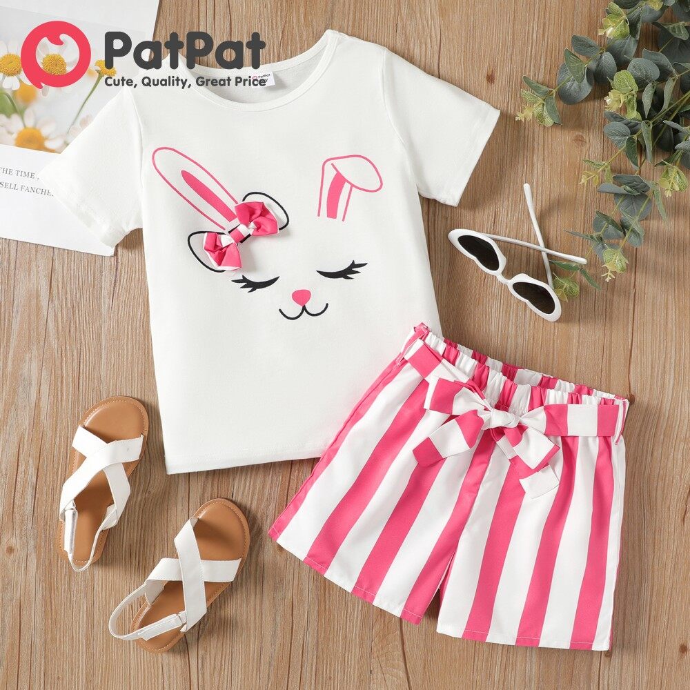 PatPat Easter 2pcs Kid Girl 3D Bowknot Design Rabbit Print Tee and Stripe Belted Shorts Set