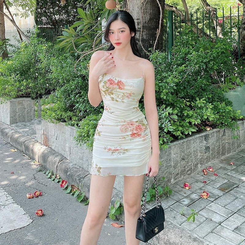 MagicLady Fashionoomph Floral Print Ruched Mesh Package Hip Slip Dress Summer Casual Women Low Cut Sleeveless Bodycon Mini Dress