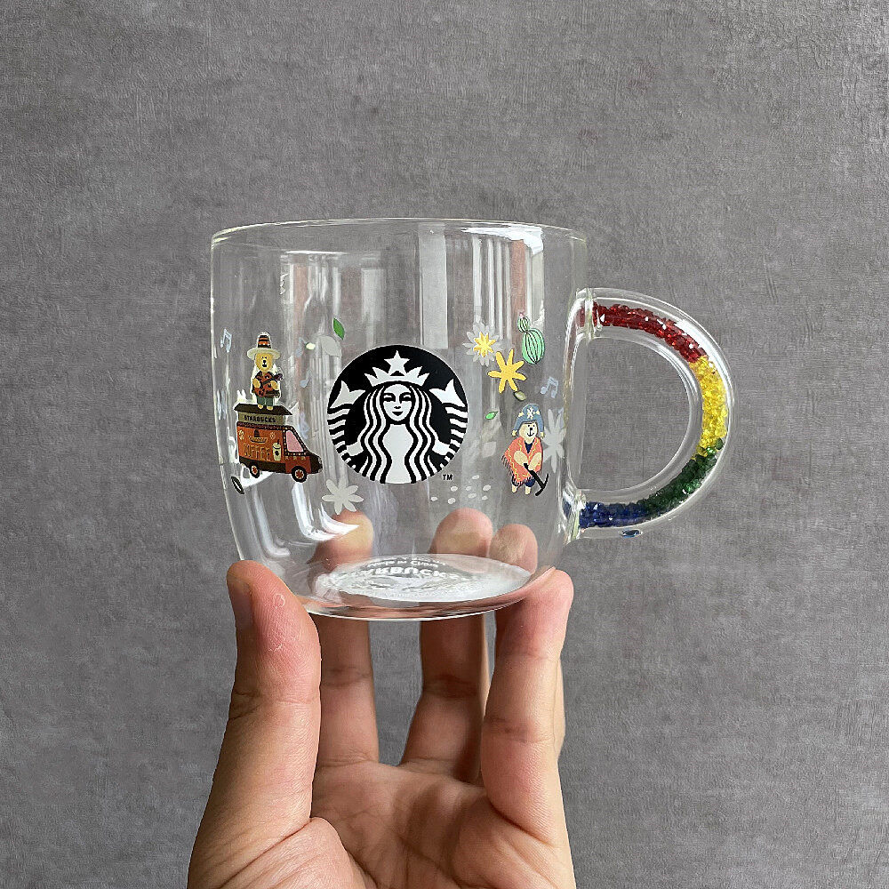 Starbuck Singing and Dancing Cold Change Bear Glass Cold Change Cup Color Diamond Handle Milk Coffee Cup Water Cup