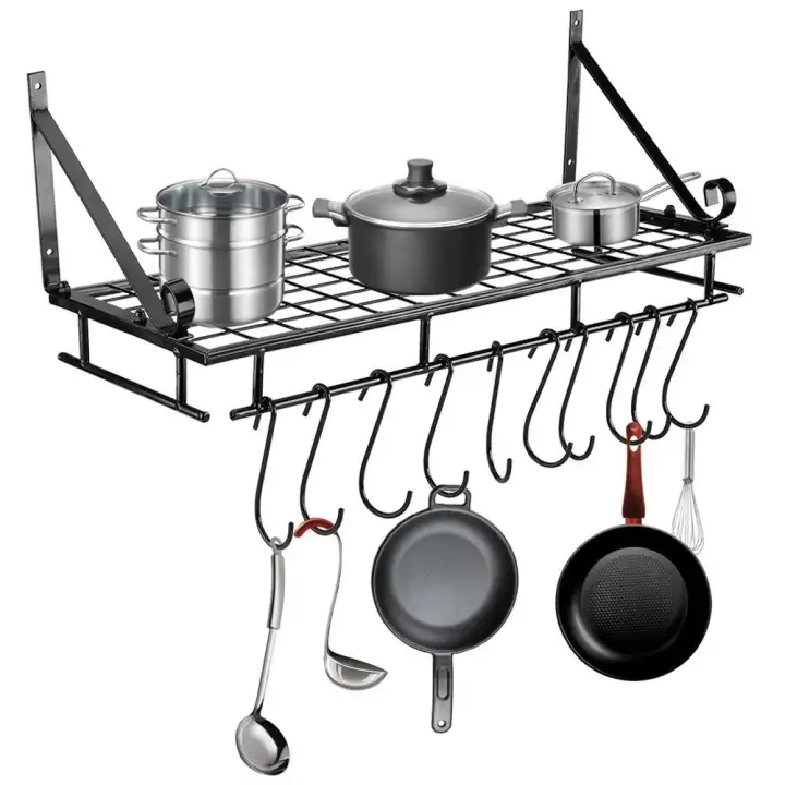 Sweetbaby Metal Hanging Pan Pot Rack Wall Mounted With 10 Hook