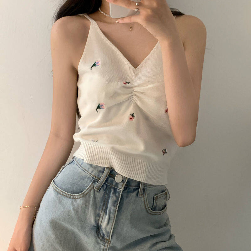 Women Embroidered Floral Knit Vest Short V-neck Suspender Top