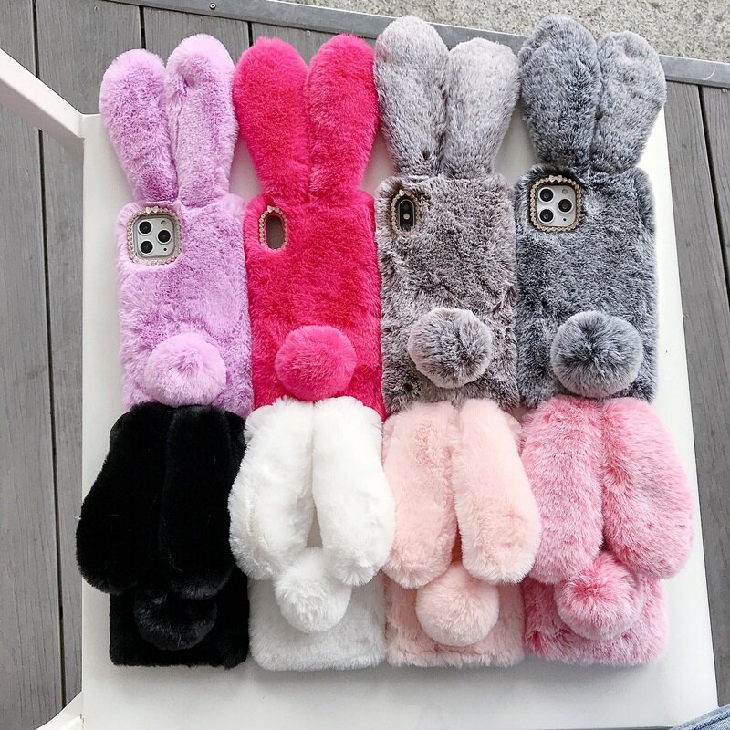 Cute Plush Rabbit Soft Silicone Phone Case for iPhone 14 13 12 11 PRO MAX X XR XS MAX 7 8 PLUS Shock-proof and Drop-proof TPU Phone Casing