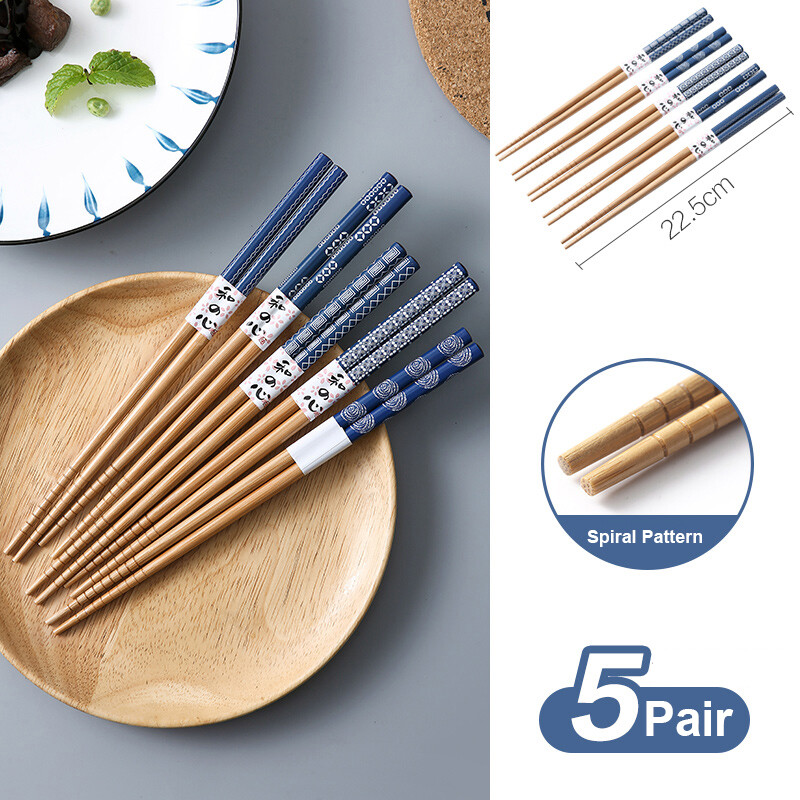 Homenhome 5pairs Chopsticks Non-slip Cartoon Bamboo Creative Printing Practical Set Bamboo Chopsticks