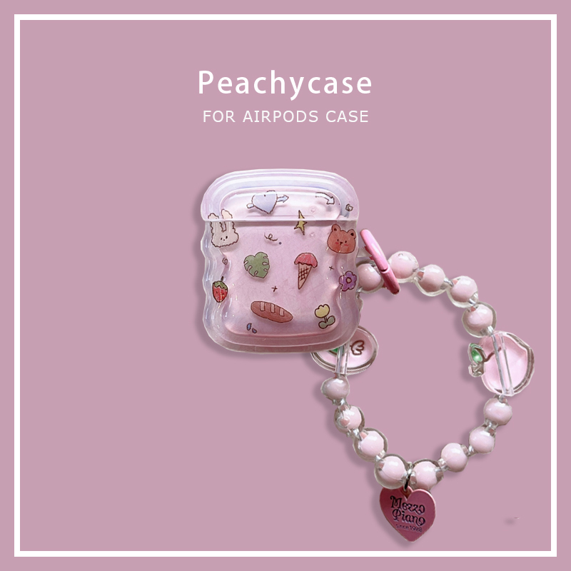Lovely Pink Bunny Bear Wave Frame Wireless Earphone Case Compatible with Airpods 1 Pro2 with Peach Chain Anti-loss Protection Cover for Airpod 2 Pro 3 Headset IMD Cases