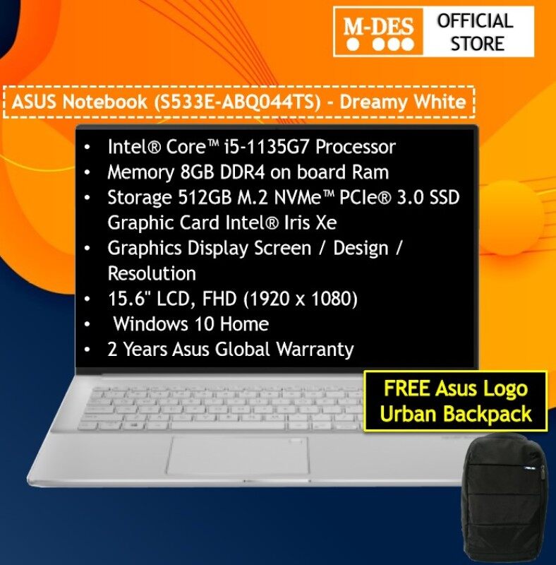 Asus Vivobook S533E-ABQ044TS 15.6 FHD Laptop / Notebook (Dreamy White) (i5-1135G7 / 8GB D4 / 512GB SSD / 15.6FHD / Intel Iris Xe) Malaysia