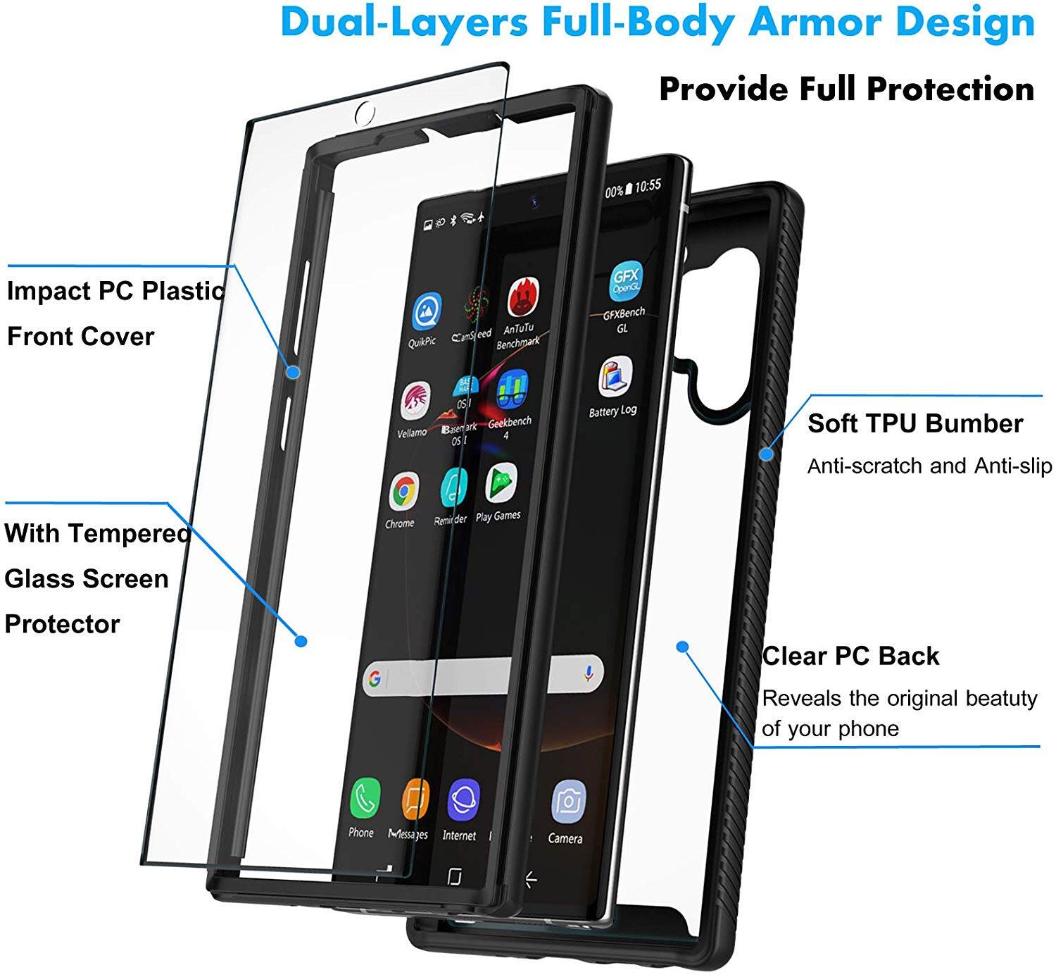 Samsung Note 10 Plus Case,Galaxy Note 10 Case [Tempered Glass Screen Protector] Hybrid Transparent Clear Back TPU Bumper Armor Rugged Shockproof Case for Samsung Galaxy Note 10+/Note10