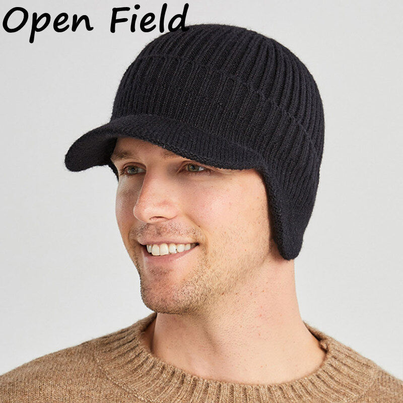 Field Men Winter Knitted Hat Outdoor Warm Thickened Windproof Ear Protection Cap Short Brim Solid Color Hat