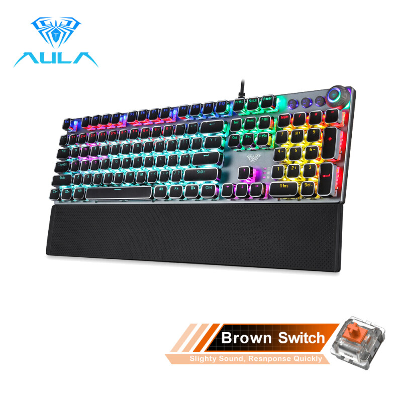 AULA F2088/F2058 Mechanical Gaming Keyboard Detachable wrist rest Multimedia Knob, 104 Keys Anti-ghosting Marco Programming metal panel LED Backlit keyboard for PC Gamer (Punk keycap) Singapore