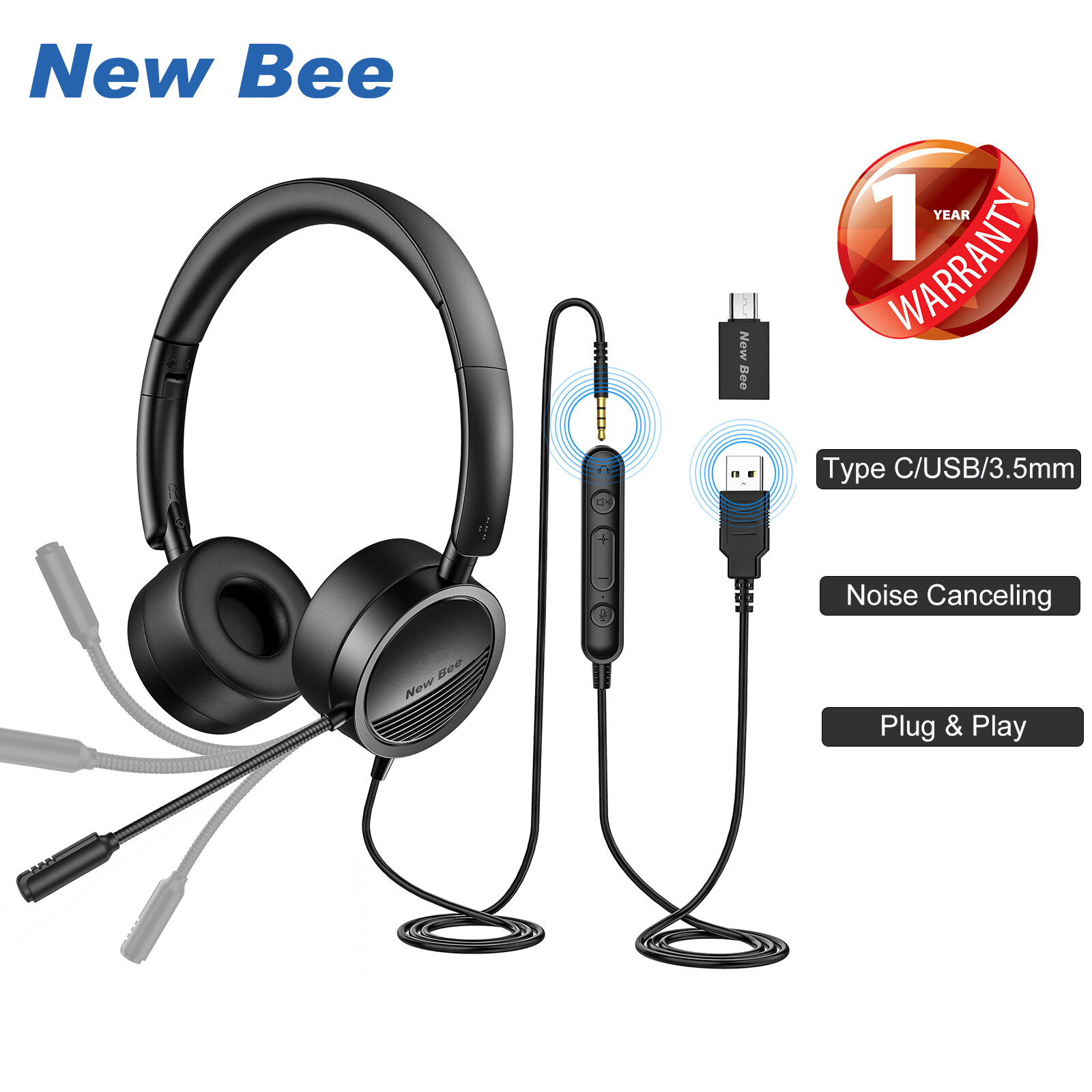 New Bee H360 3.5mm jack&USB หูฟัง หูฟังครอบหู หูฟังมีไมค์ หูฟังโทรศัพท์ หูฟังมีสาย ลดเสียงรบกวน น้ำหนักเบาสบายสพับเก็บเองได้for Mac Zoom Skype YouTube Study Call Center Headphone