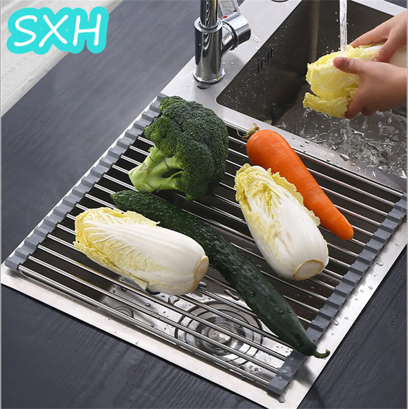 SXH Sink Folding Drain Rack Stainless Steel Sink Rack Filter Basket Storage Dish Rack Dishracks & Sink accessories