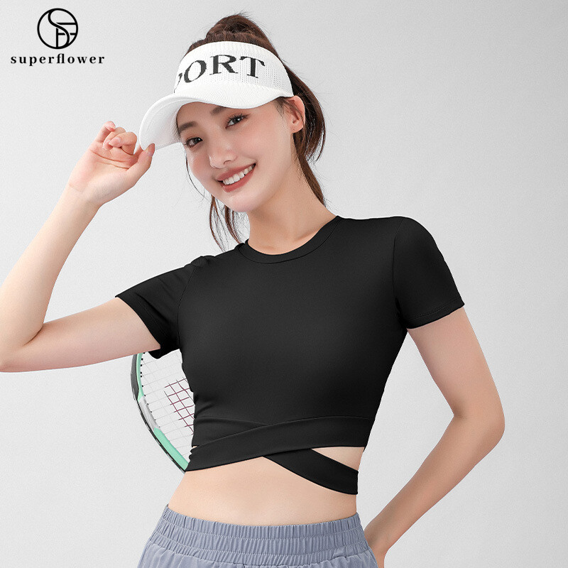 SUPERFLOWER Top da Donna ad Asciugatura Rapida Girocollo Croce Ombelico Esposto e Addome Spos Running Fiess Yoga Sho Maniche_voghion.com