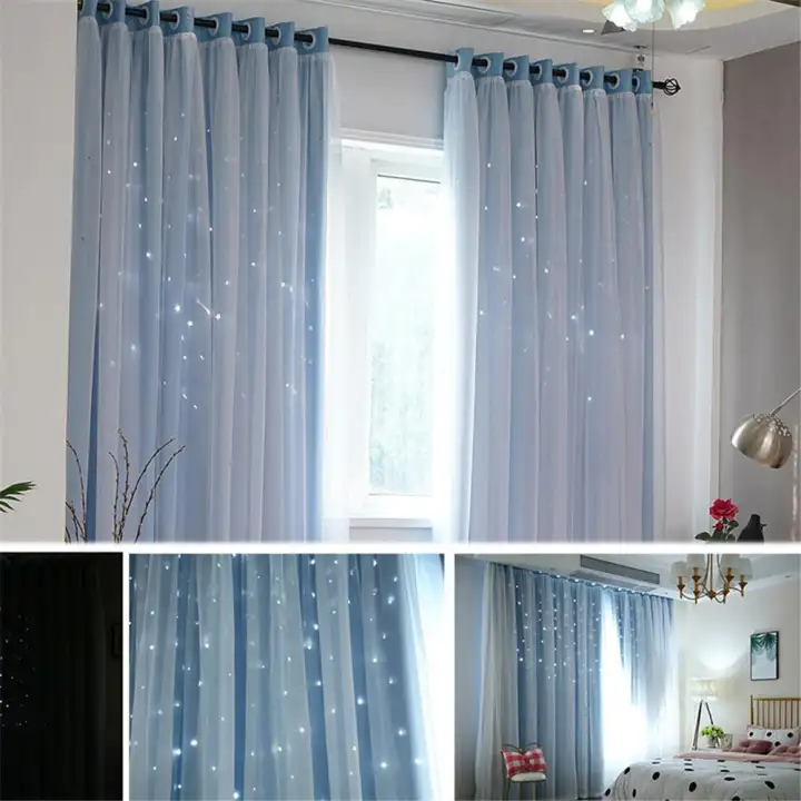 Double Layer Gauze Stars Curtains Hollowed Out Shading Starry
