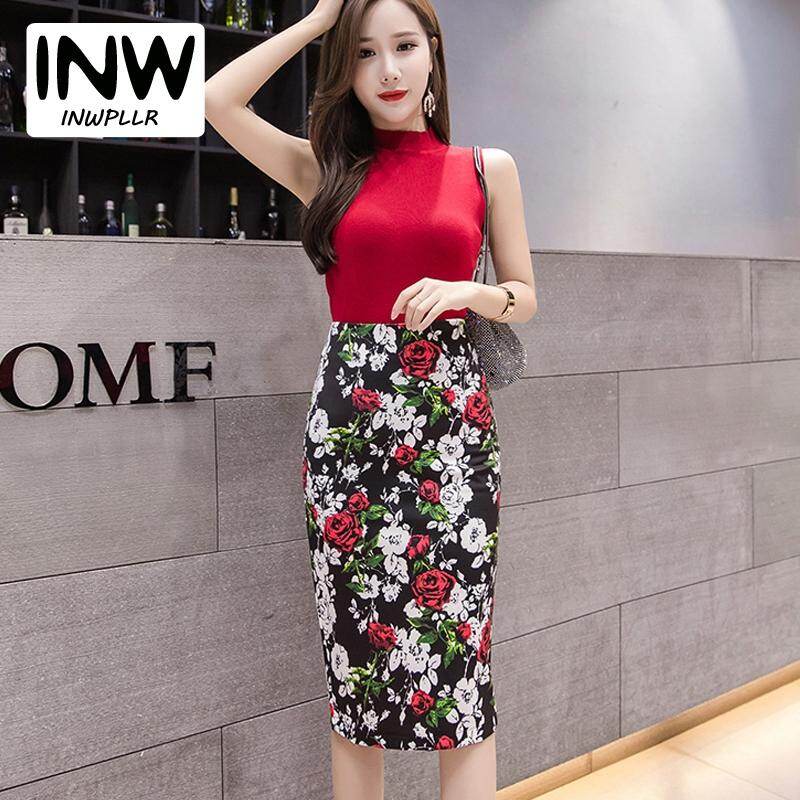 INWPLLR Women's Skirts Korean Knee-Length Flower Print Skirt Female Pencil Skirt Vintage High Waist Skirts Women's Bodycon Skirts