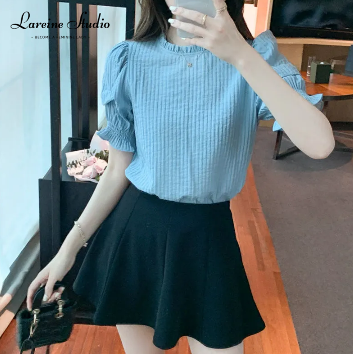 Lareine Áo Thun Cổ Tròn Tay áo bong bóng phong cách thường ngày Hàn Quốc Áo cánh nữ áo tay lửng xếp li Áo khoác Blouse Màu trơn