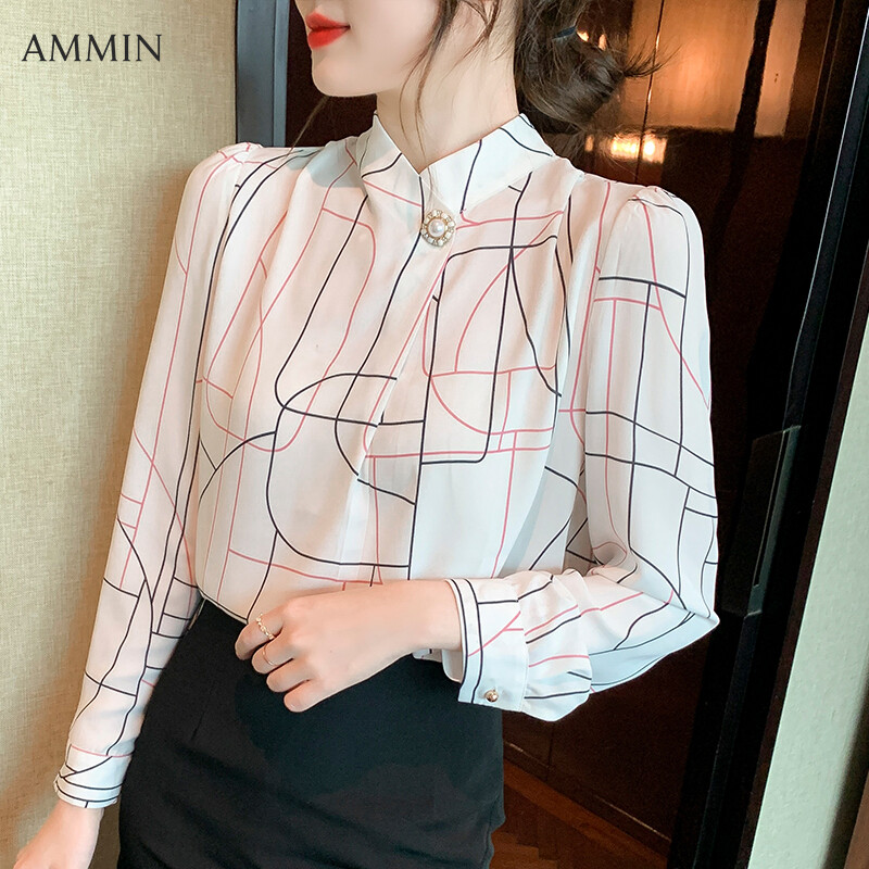 AMMIN 2022 Korean style elegant temperament OL contrast line printing stand-up collar chiffon shirt women's spring new personality graffiti printing design blouse female ins tops