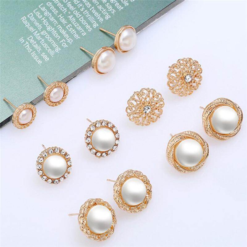 6 Pairs Elegant Crystal Rhinestone Diamond Pearl Sign Ears Tiny Studs Earrings
