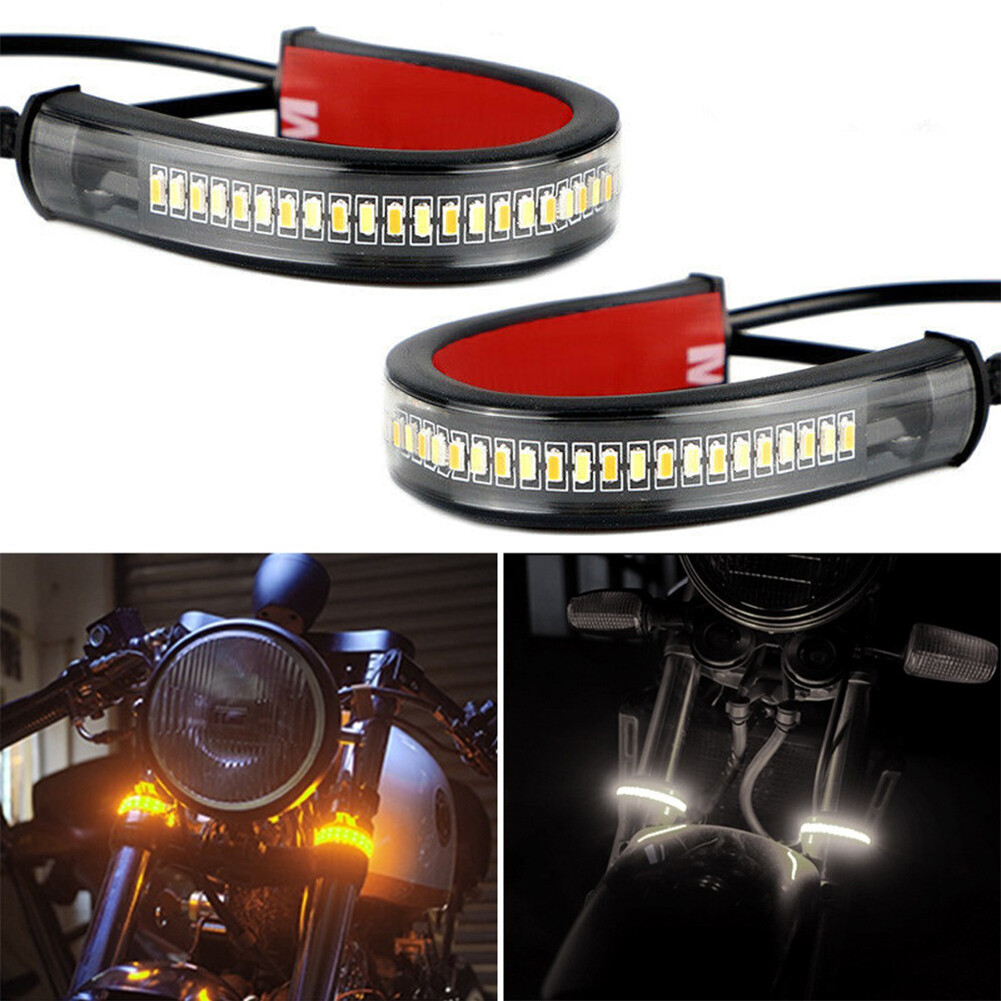JaneDream 2Pcs 12V Universal LED Motorcycle Turn Signal Light & DRL Amber White Moto Flasher Ring Fork Strip Lamp Flowing Flashing Blinker