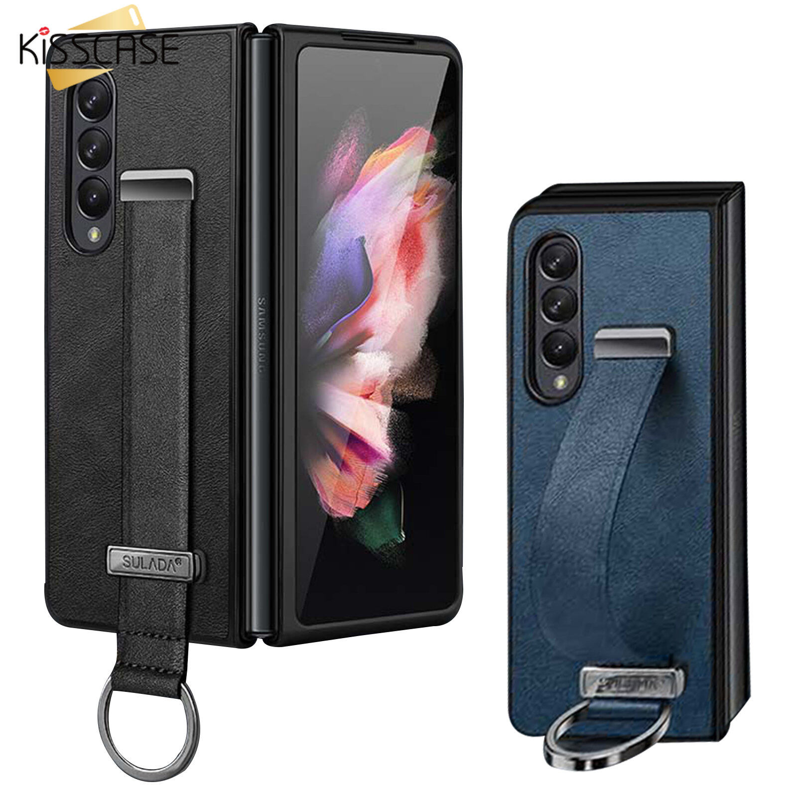 Kisscase for samsung z fold6 fold5 5g fold4 fold3 case luxury leather cover with portable wristband hand strap kickstand metal ring for samsung galaxy z fold6 fold5 5g fold4 fold3 fold2 5g