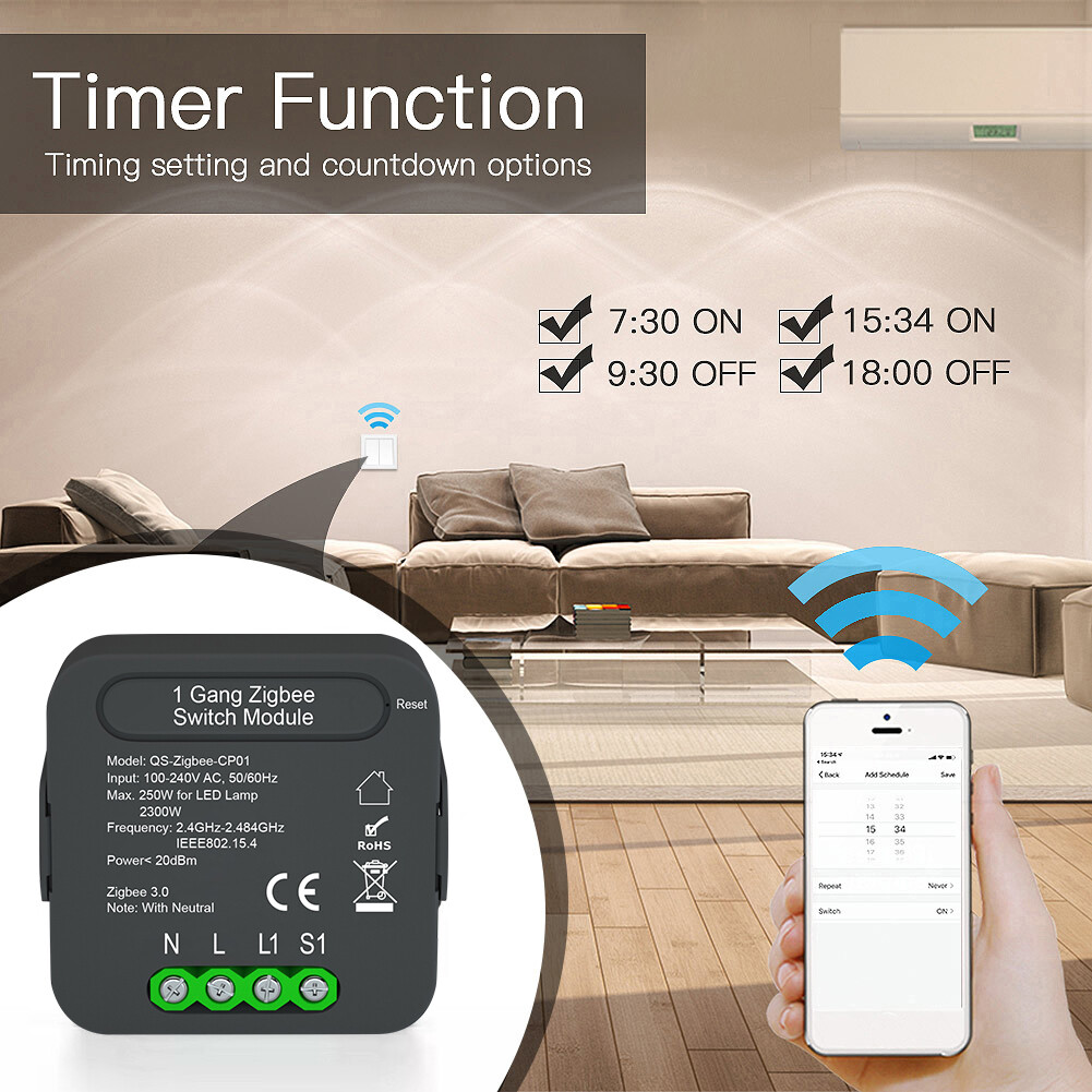 KKmoon QS-Zigbee-CP01 Tuya ZigBee Intelligent Switch Module Intelligent Home Switch Conversion Module 1 Gang Switch Module Device Sharing Timing Function Mobilephone APP Remotes Control for Alexa Google Home Voice Control Used with Gate-way