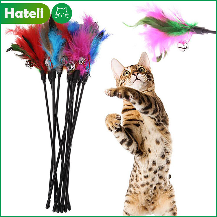 【HATELI】Cat Toys Soft Colorful Cat Feather Bell Rod Toy for Cat Kitten Funny Playing Interactive Toy Random Color