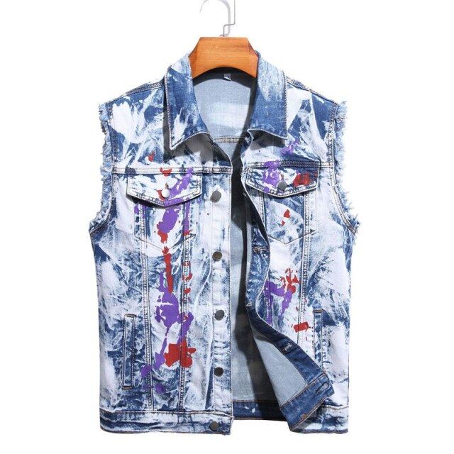 Men`s Street Hip Hop Painted Denim Vest Waistcoat Button Down Jean Sleeveless Jacket Raw Sleeve Motorcycle Biker Outerwear