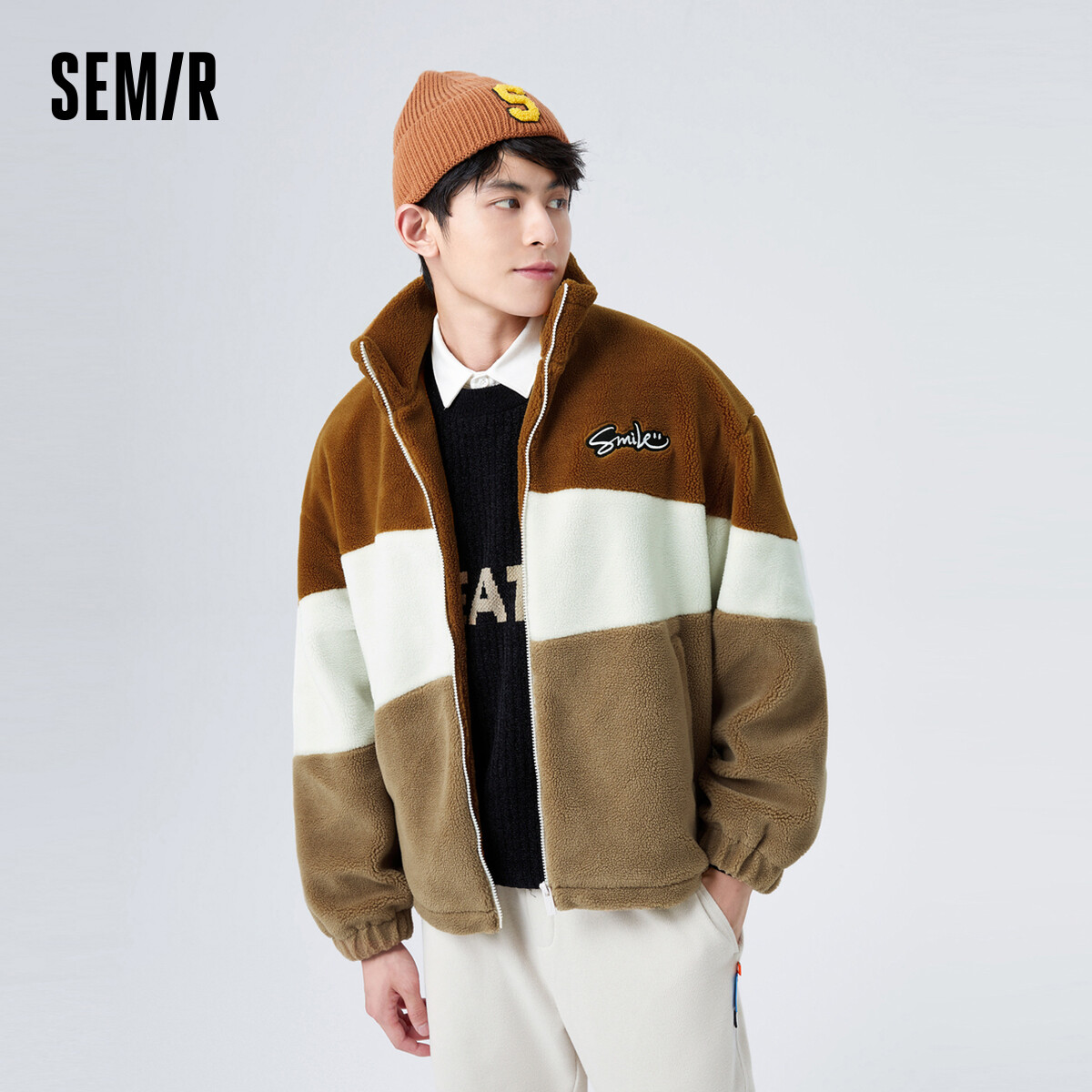 Semir Jacket Men 2024 Winter New Imitation Sherpa Loose Contrasted Color Warm Jacket