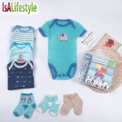 IsALifestyle 4 Shorts Sleeve Romper and 3 Pair Sock Gift Set - Baby Boy/Girl (Random Design)