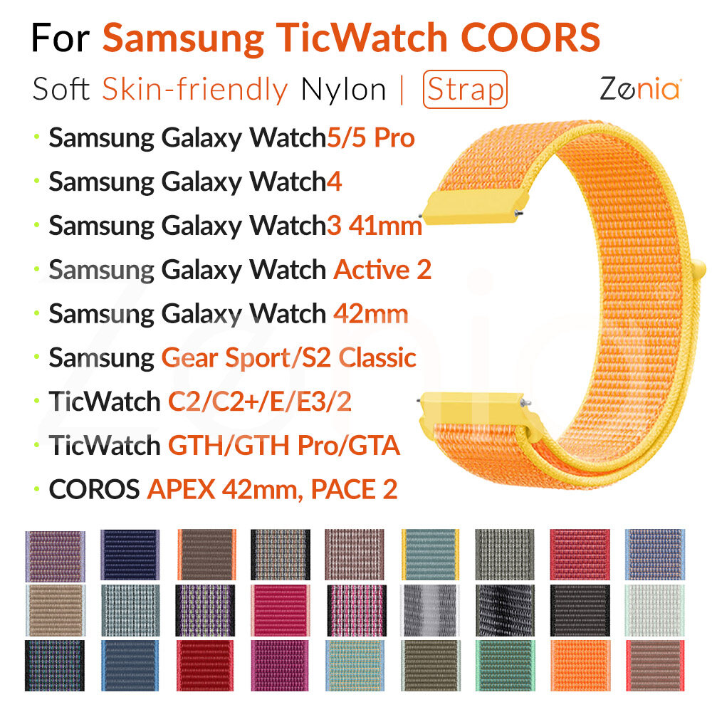 Zenia 20mm skin-friendly nylon sport loop watch strap for samsung galaxy watch classic active active2 lte bluetooth 3 4 5 pro 41mm/44mm/45mm/46mm gear sport watch3 watch4 watch5 ticwatch c2/c2+/e/gth/gta/e3 coros apex 42mm pace 2 sport watch accessories