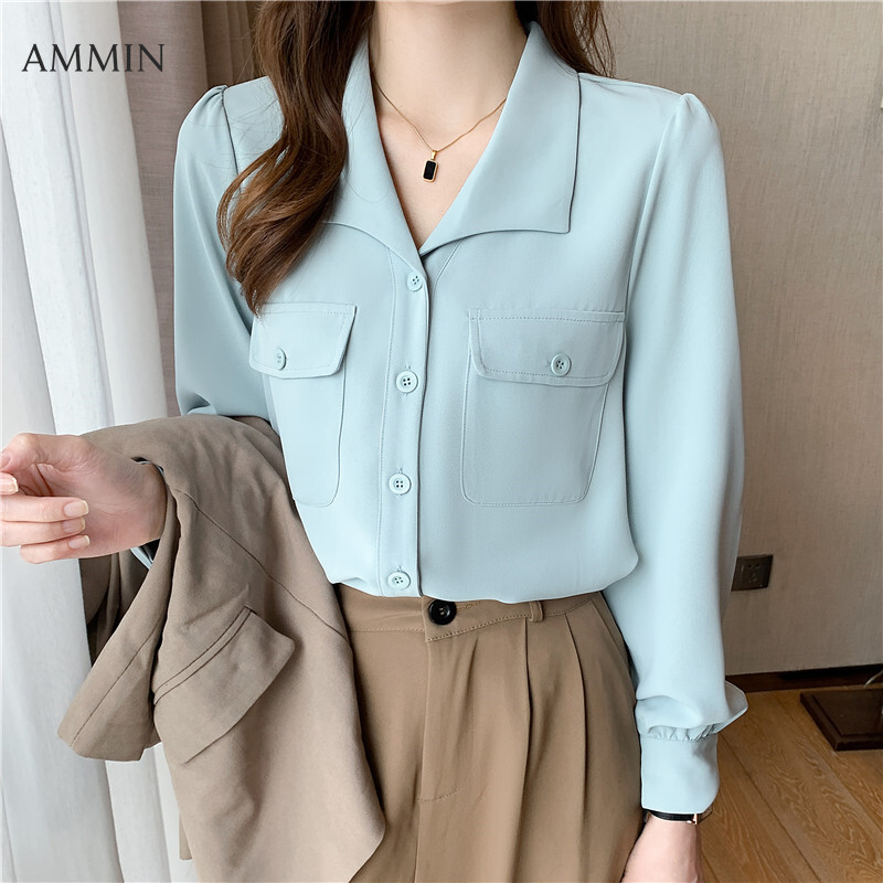 AMMIN 2021 new French puff sleeve double pocket design solid color commuter chiffon shirt women Korean style long sleeve professional elegant blouse female ins tops