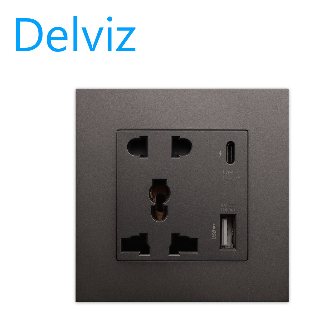 Delviz欧盟标准Type-c充电插座，壁挂式电源节点USB插座，5孔PD18W快速充电1A/1C插座。灰色的套接字。