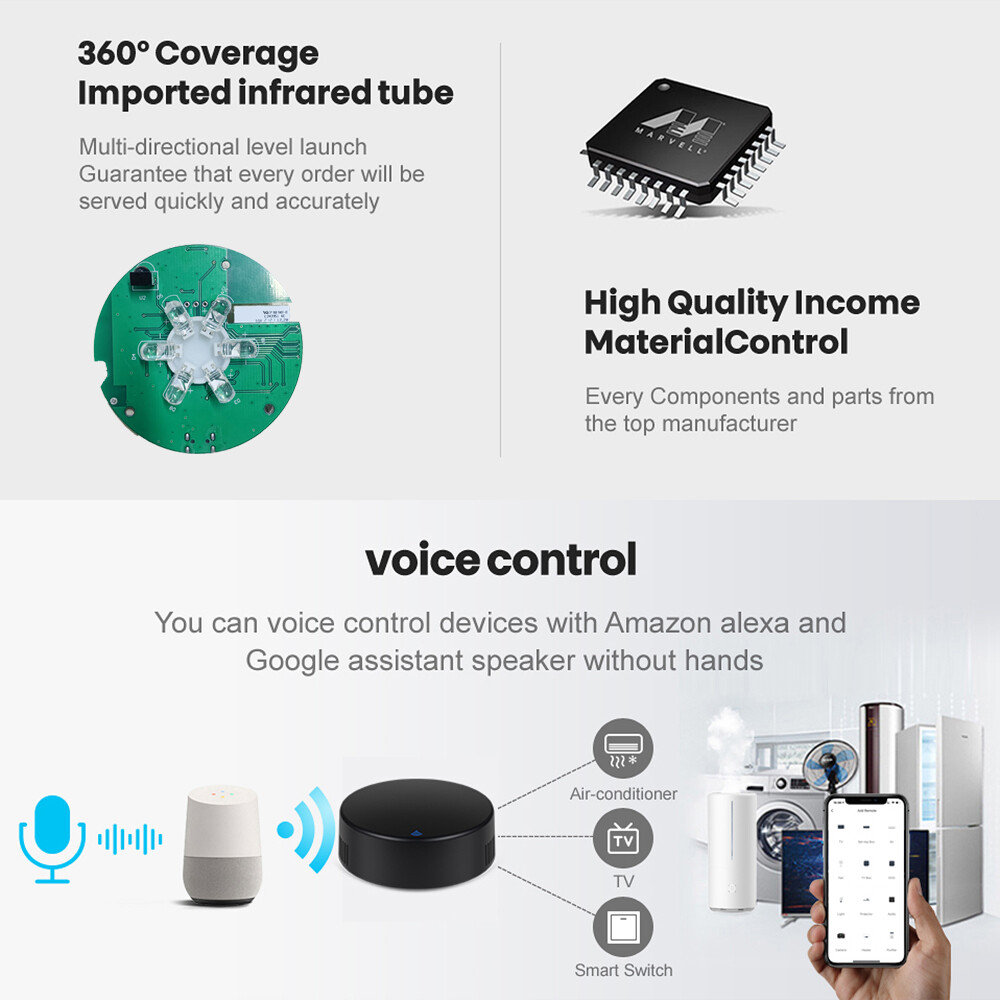 E Life Smart Store Bộ Điều Khiển Từ Xa Thông Dụng WiFi Tuya Cảm Biến Nhiệt Độ Và Độ Ẩm Hồng Ngoại 3 Trong 1 Hoạt Động Cho Alexa Google Home Với Chức Năng Sao Chép Tự Làm Tùy Chỉnh Cho TV Quạt Điều Hòa Không Khí DVD