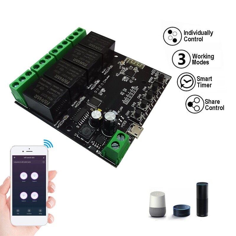 4CH Tuya Switch WiFi Switch Module Wireless Relay Smart Life APP Remote Control Smart Timer for Smart Home for Alexa