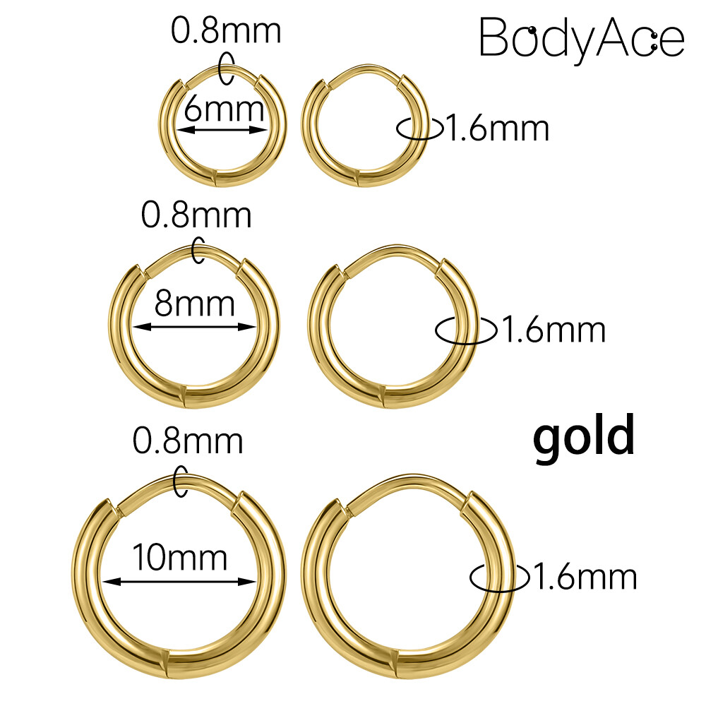 Bodyace 1 Pair 6/8/10mm Hoop Earrings Stainless Steel Circle Earrings Black Gold Round Ear Piercings Huggie Ear Cartilage Jewelry