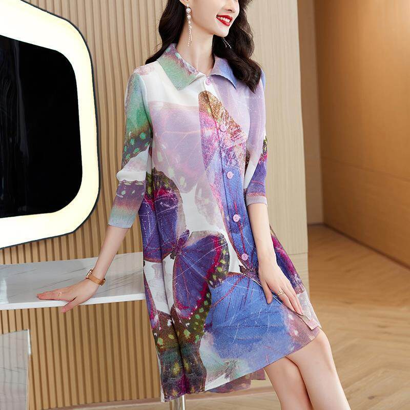 NOVA quality⭐One person, one pleat ⭐One pleat ※ Fashion fashion lapel Miyake pleat dress, early autumn new patchwork age reduction loose long shirt a generation hair