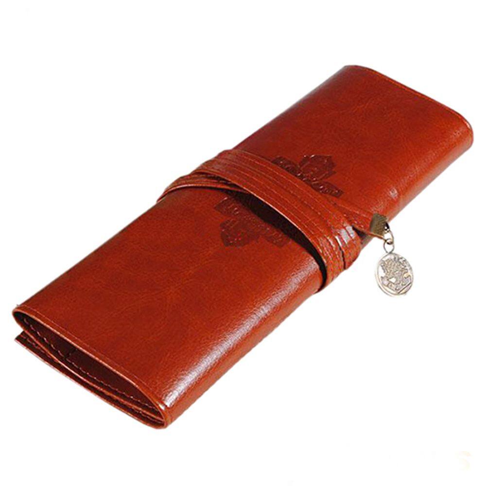 MMLUCK for Student Teacher Gifts Stationery PU Leather For Girls Retro Cosmetic Bag Vintage Pencil Case Roll Pencil Bags Roll Pen Bag