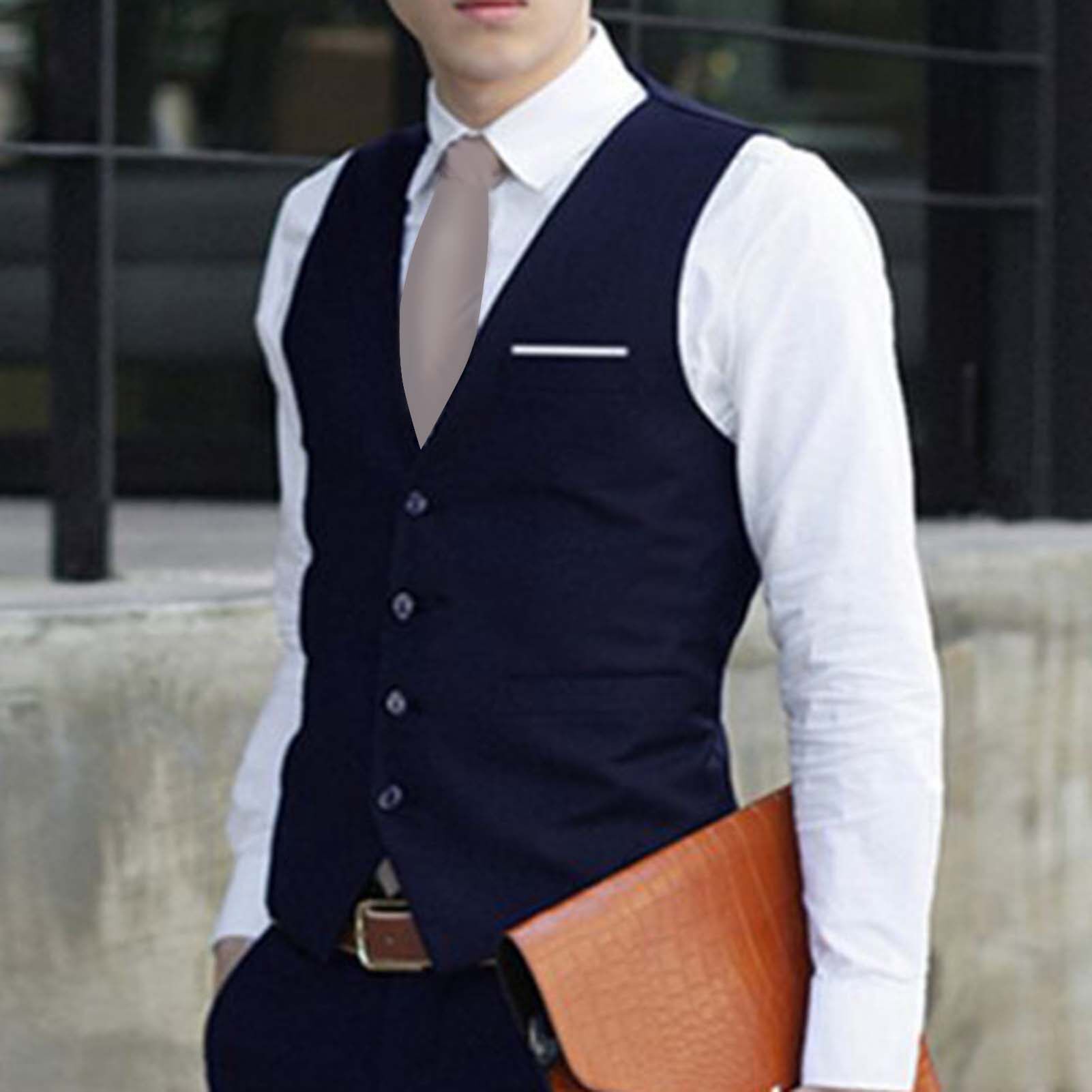 wenchengbo®Men Waistcoat Solid Color Slim Single-breasted Formal Spring Vest for Work