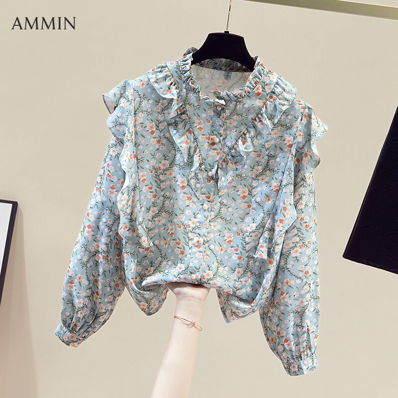 AMMIN Korean style long-sleeved floral print sweet chiffon shirt women's autumn 2023 round neck new style ruffled stitching elegant blouse ins tops