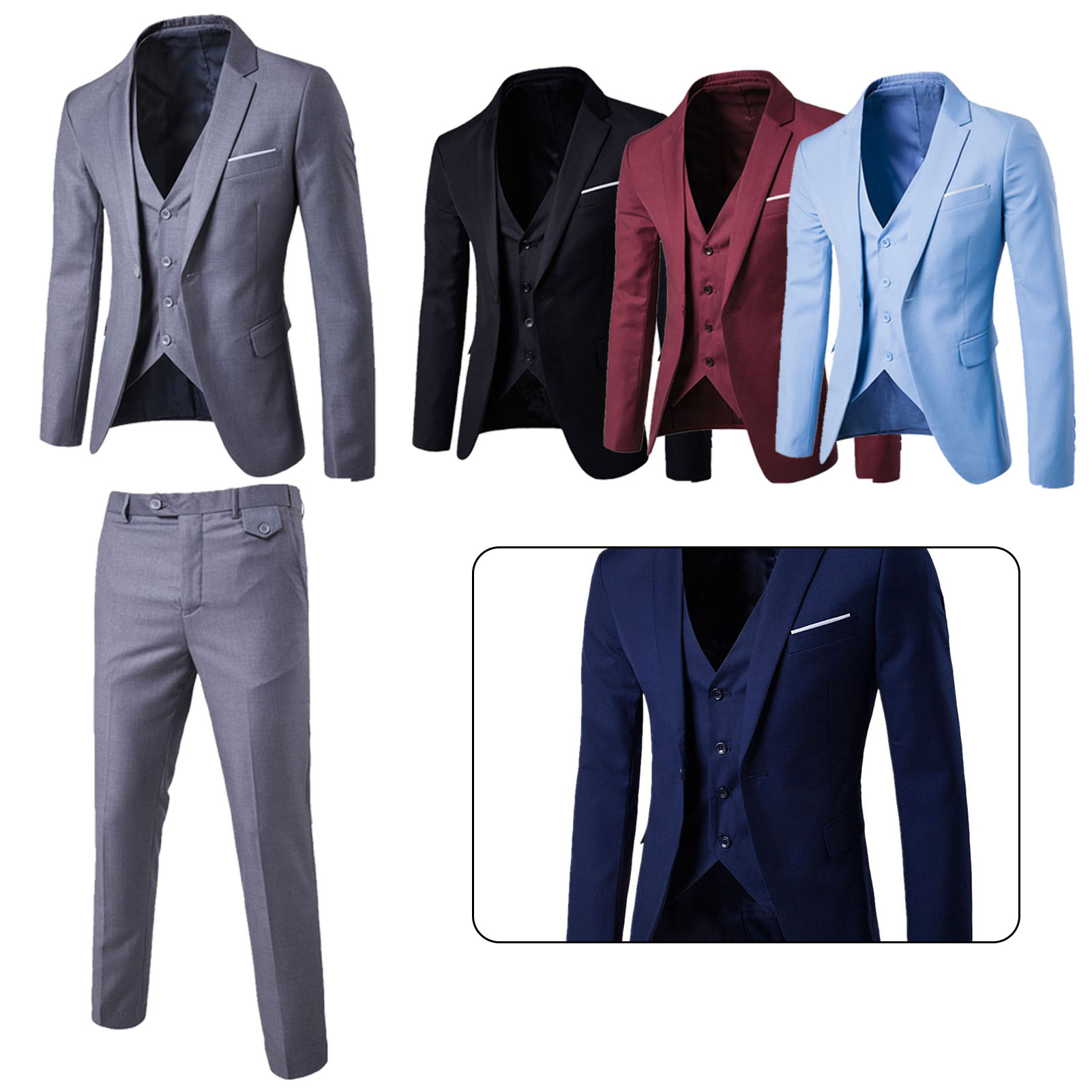 Benferry 2Pcs/Set Plus Size Men Solid Color Long Sleeve Lapel Slim Button Business Suit 【Asian Size relatively Smaller】