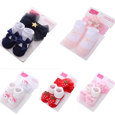 【2 pcs】0-12M Newborn Baby Gift Set Baby Socks Headband Set Baby Girls Headband Socks Set Ribbon Flower Crown Sarung Kaki