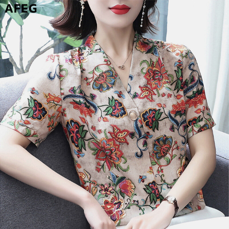 AFEG new Korean women's short-sleeved V-neck print elegant blouse for women