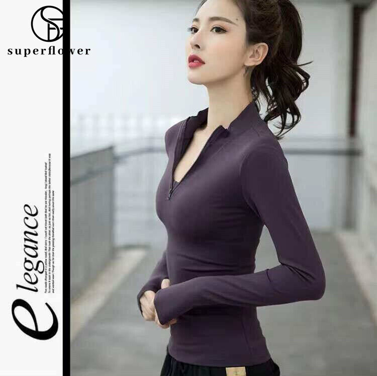 SUPERFLOWER Frauen Sport Shirts Einfarbig Reißverschluss Hohe Elastische Gym Yoga Top Atmungsaktive Langarm Sexy T-Shirts_voghion.com